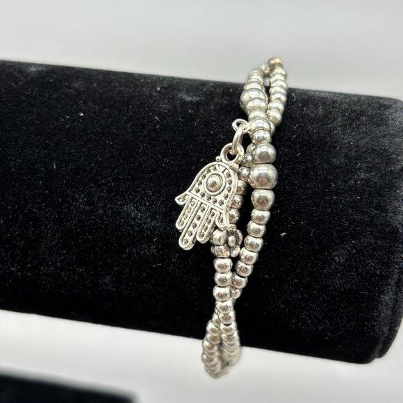 Bali Queen Hamsa Charm Silver Alloy Beaded Two Strand Waxed Linen Boho Bracelet - Picture 2 of 5